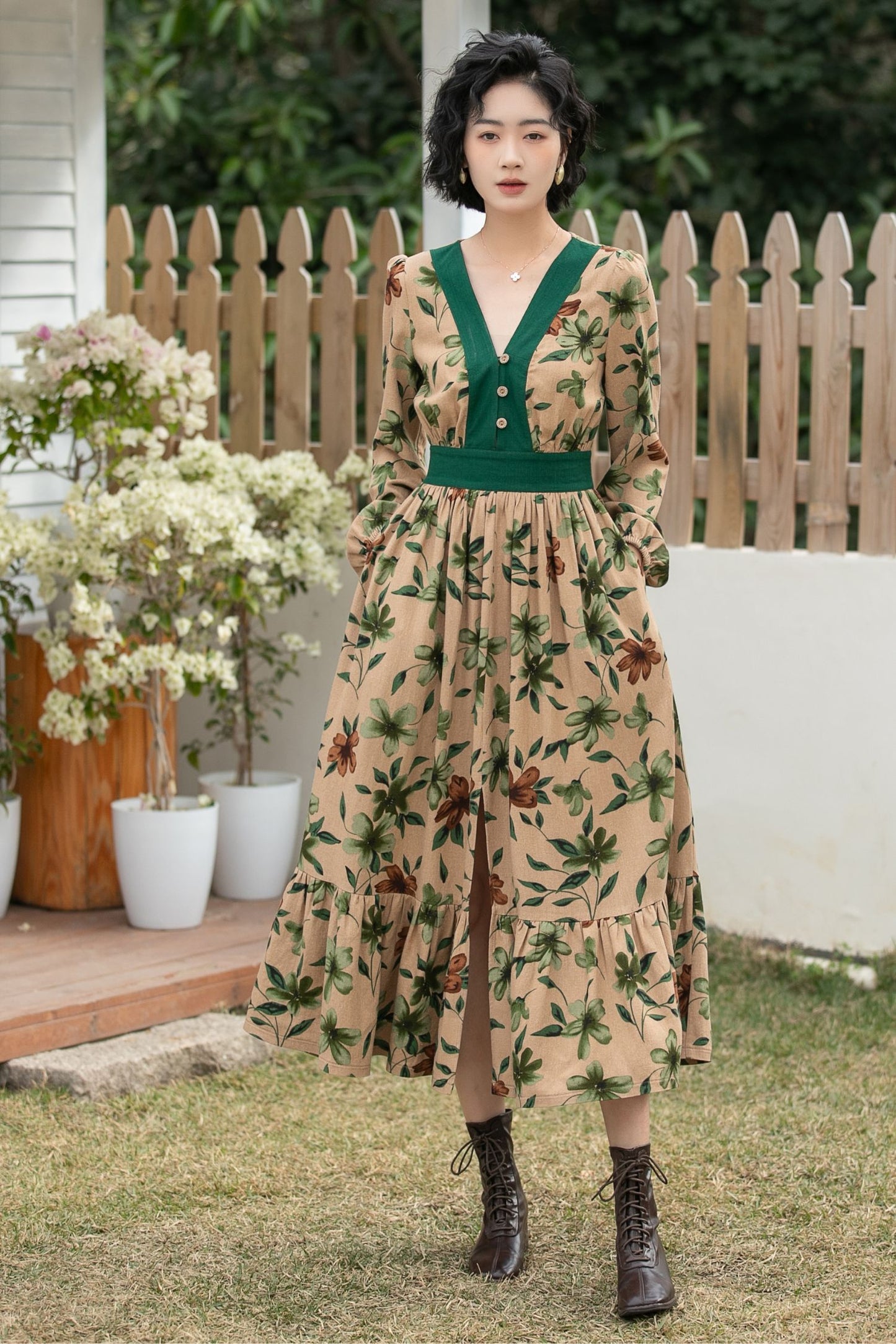Xiaolizi Boho Linen Midi Dress – Vintage Contrast V Neck 6693