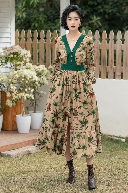 Xiaolizi Boho Linen Midi Dress – Vintage Contrast V Neck 6693