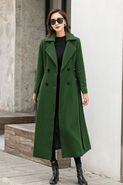 Dark Green Wool Coat – Vintage Double Breasted Winter Maxi | Xiaolizi 2842