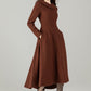 Brown Wool-Blend High‑Low Midi Dress – Wide Fold‑Over Collar & Pockets 6500
