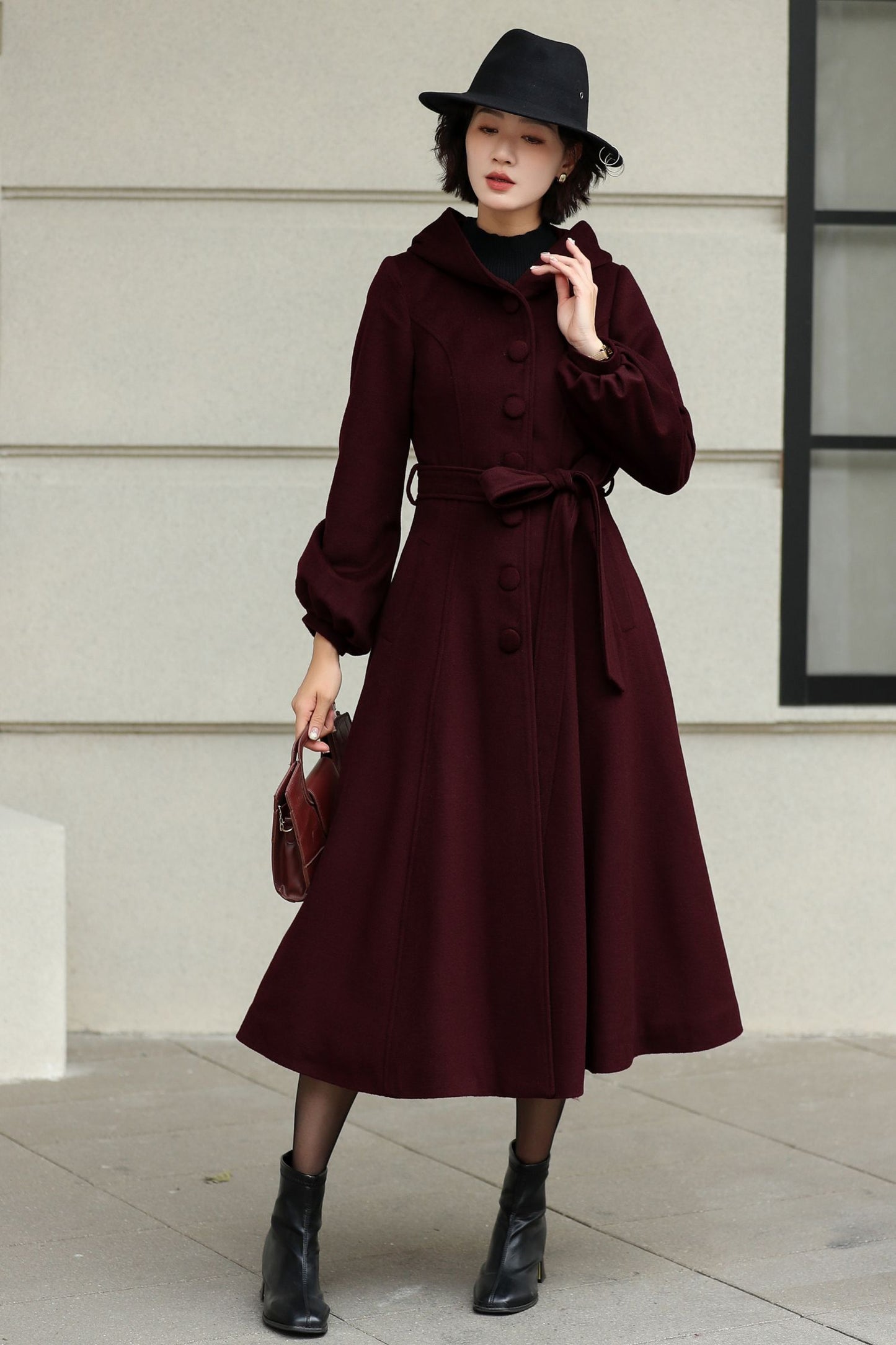 Handmade Wool Blend Coat – Lantern Sleeve Hooded Winter Coat 6532