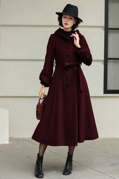 Handmade Wool Blend Coat – Lantern Sleeve Hooded Winter Coat 6532