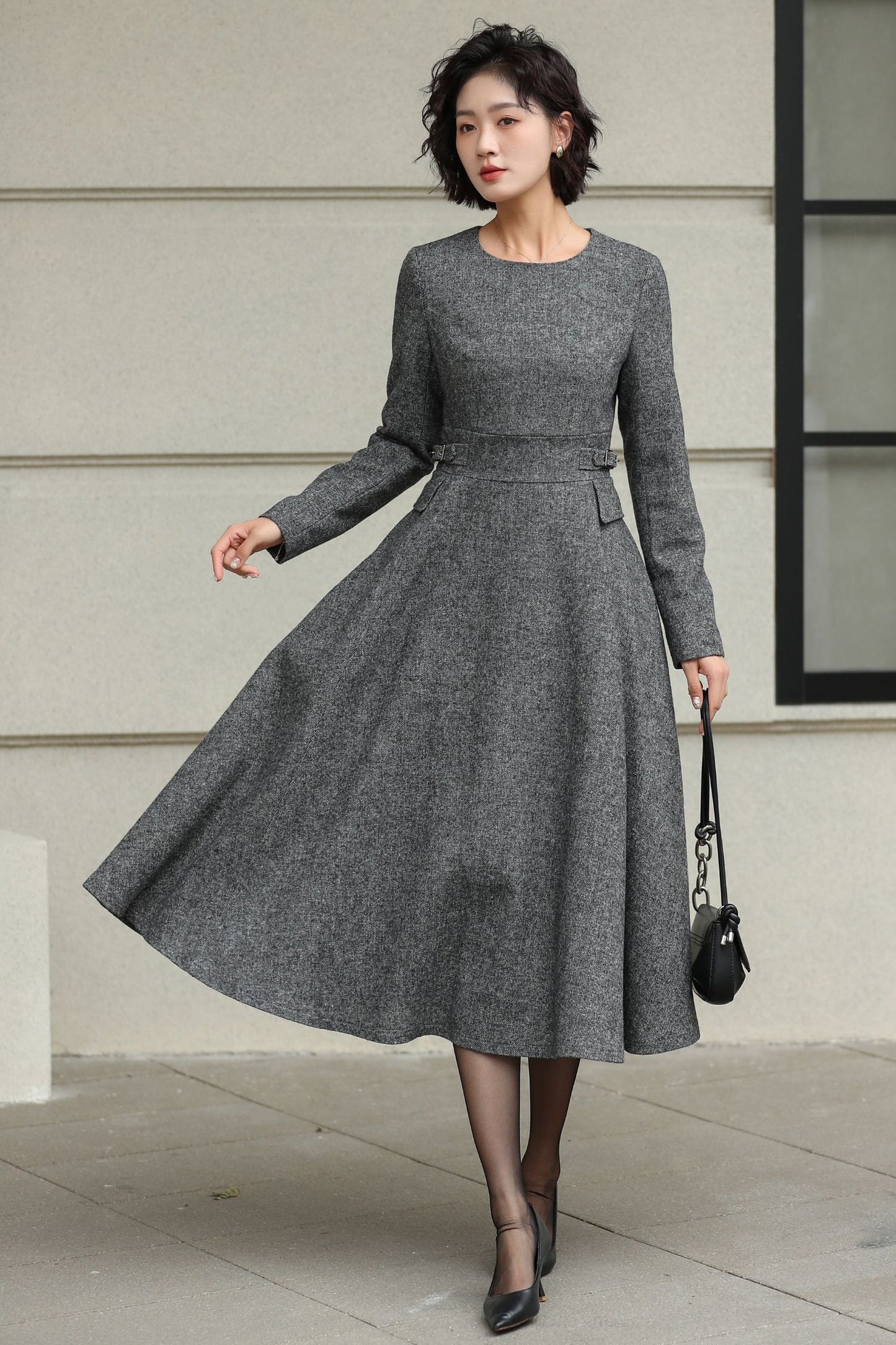 Classic Gray Fit And Flare Wool Dress 6530