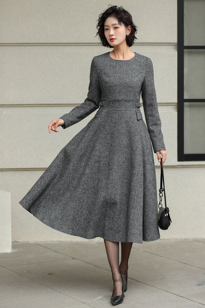 Classic Gray Fit And Flare Wool Dress 6530