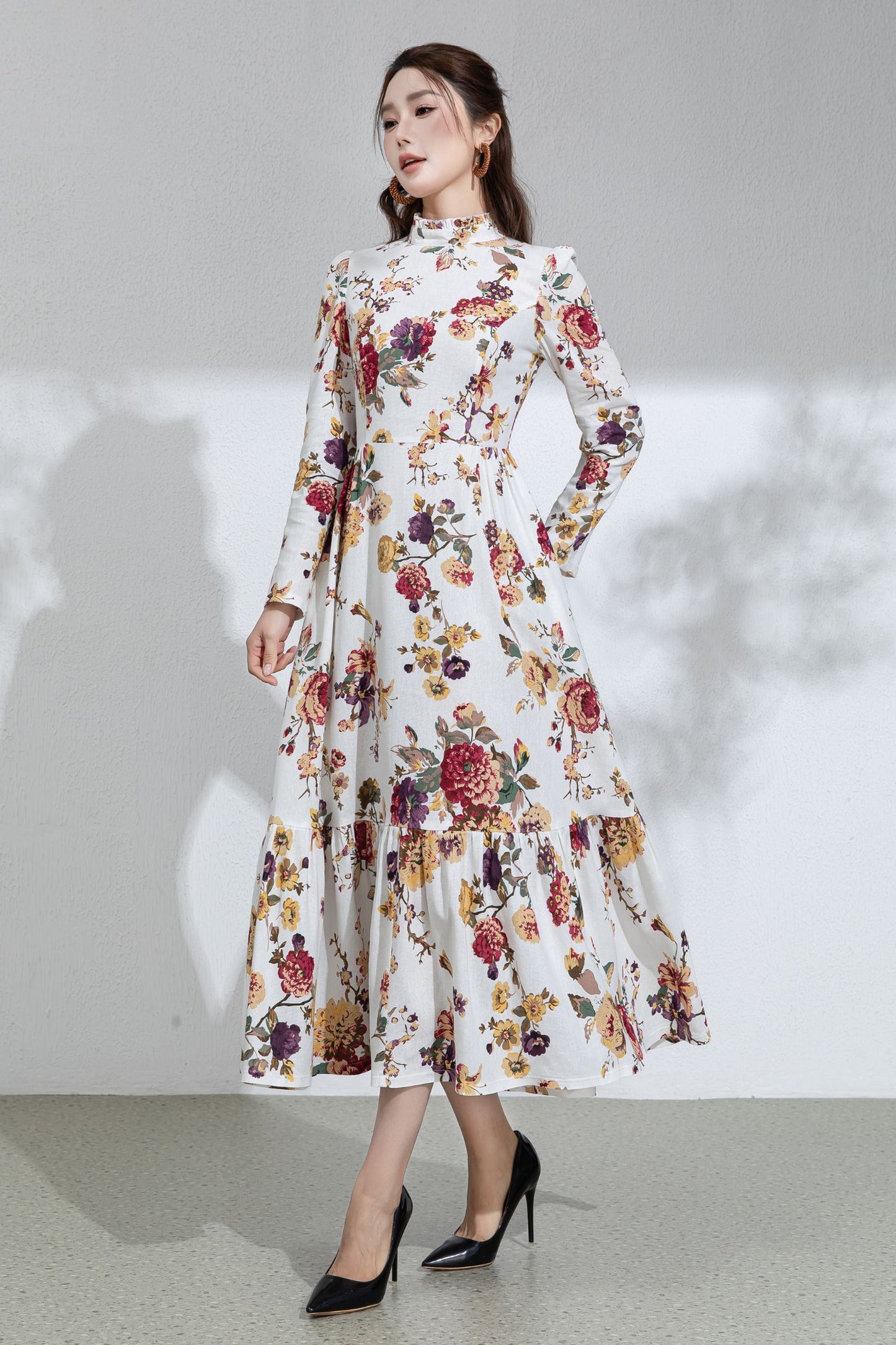Floral Cotton Linen Maxi Dress: Ruffle High Neck Long Sleeve Dress 6713