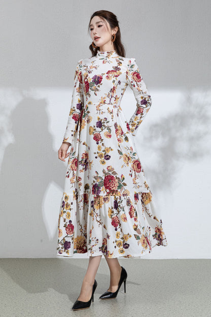 Floral Cotton Linen Maxi Dress: Ruffle High Neck Long Sleeve Dress 6713