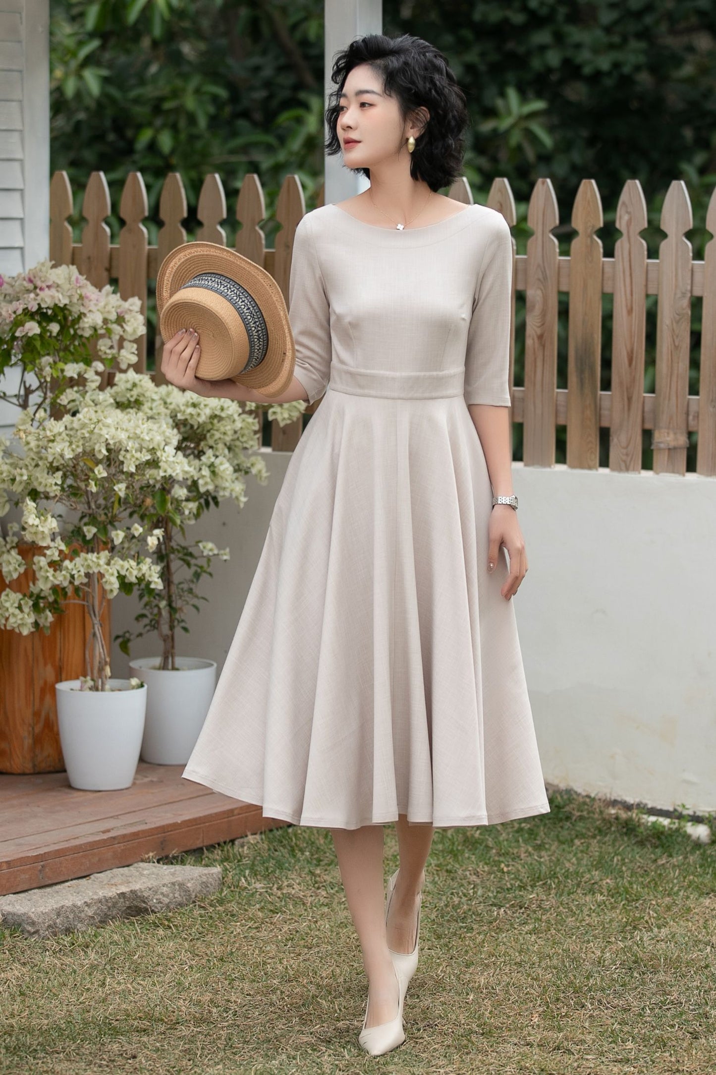 Beige Linen Midi Dress – Handmade Vintage A-Line Fit & Flare Dress with Pockets | Xiaolizi 6700 -Size XS #CK2600184
