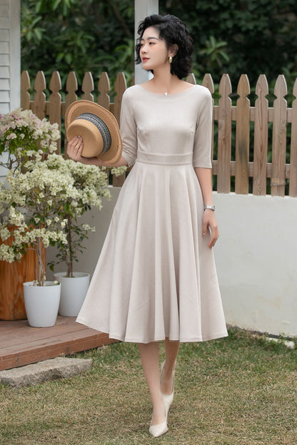 Beige Linen Midi Dress – Handmade Vintage A-Line Fit & Flare Dress with Pockets | Xiaolizi 6700 -Size XS #CK2600184