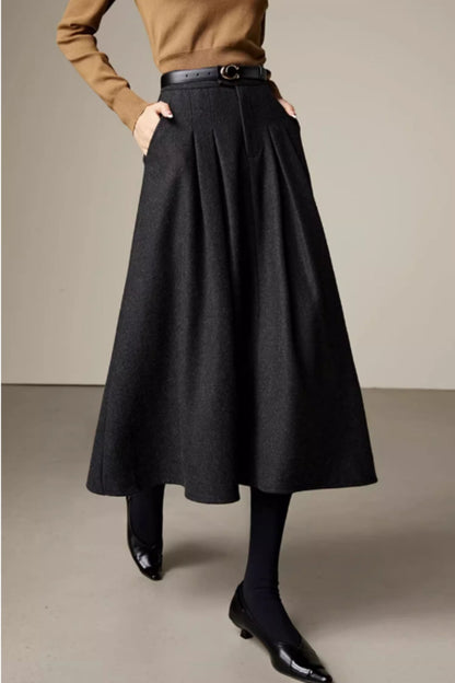 Handmade Wool Skirt – Classic Gray Winter Pleated Midi with Pockets 6357