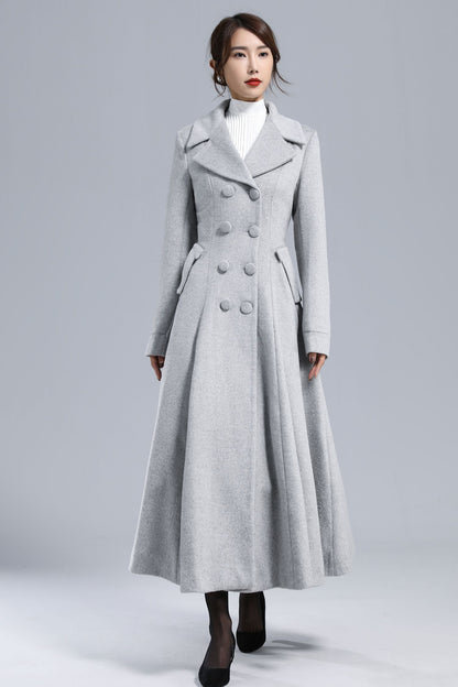 Light Gray Wool Coat – Elegant Double-Breasted Fit and Flare Winter Overcoat 3236