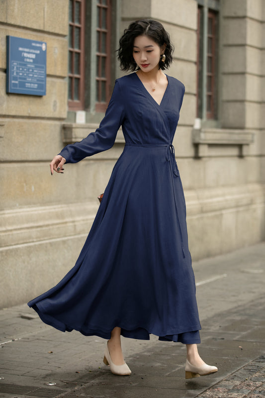 Handmade Linen Cotton Wrap Midi Dress – Vintage Elegant V-Neck Swing Dress 6301