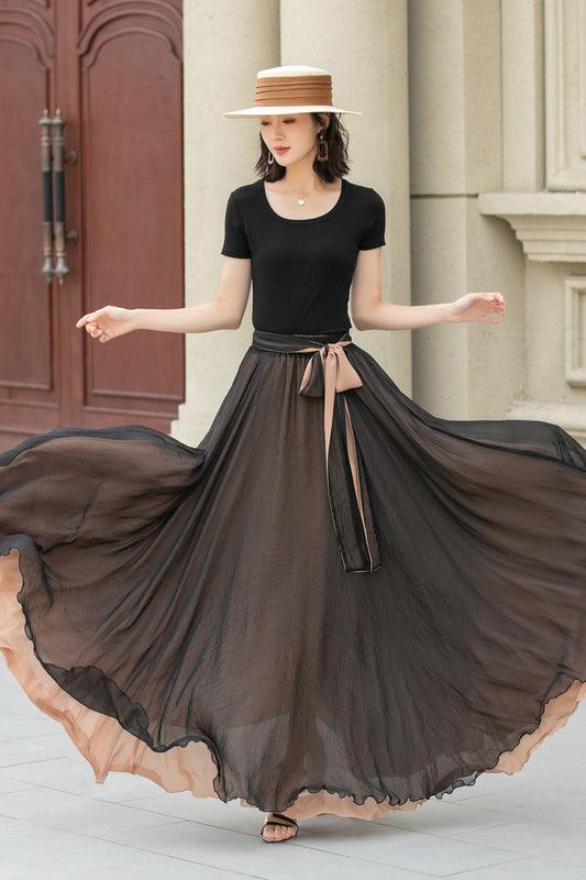 Black Chiffon Maxi Boho Skirt Women 5107