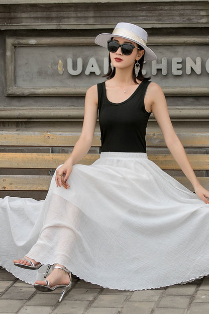 Boho Elastic Waist Pleated Maxi White Skirts 2718