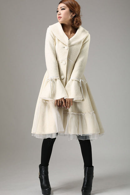 White Wool Blend Coat - Flared Bell Sleeve with Sheer Hem 725