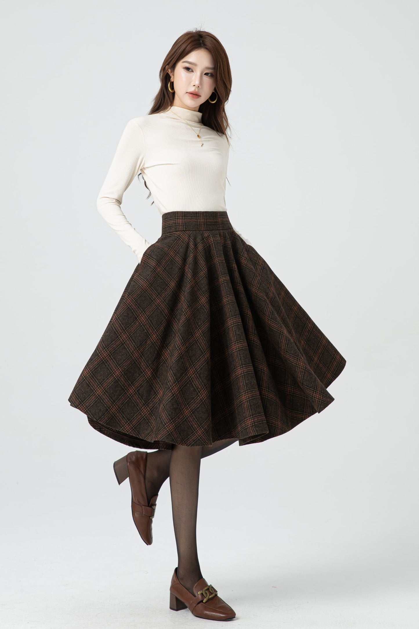 Handmade Knee length plaid winter wool skirt 5323