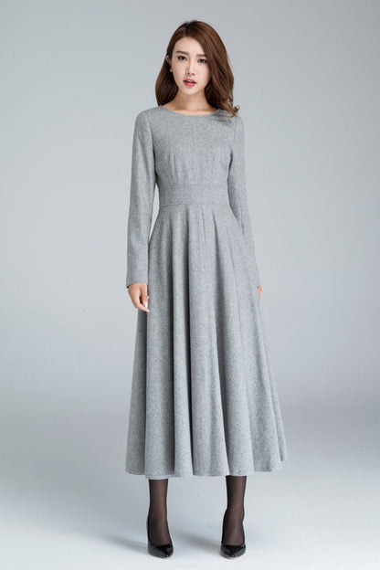 Handmade Gray Wool Swing Dress – Long Sleeve Fit and Flare Winter Dress | Xiaolizi 1616