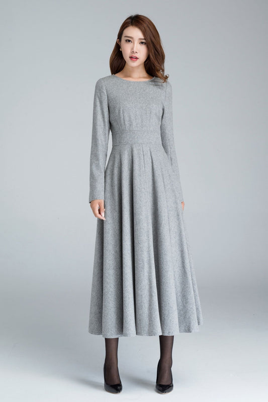 Gray Long sleeve Swing wool dress 1616