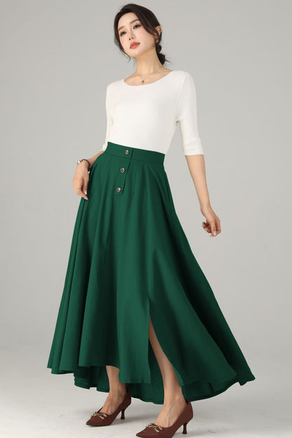 Green Linen Cotton Maxi Skirt - High-Waisted with Side Slit 5719