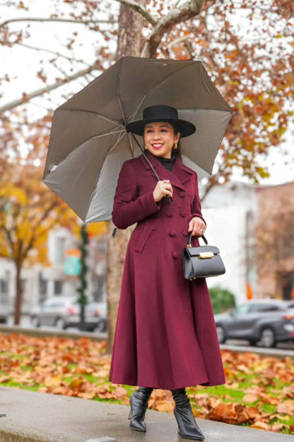 Burgundy Wool Swing Coat – Vintage 1950s Double Breasted Long Overcoat 6678
