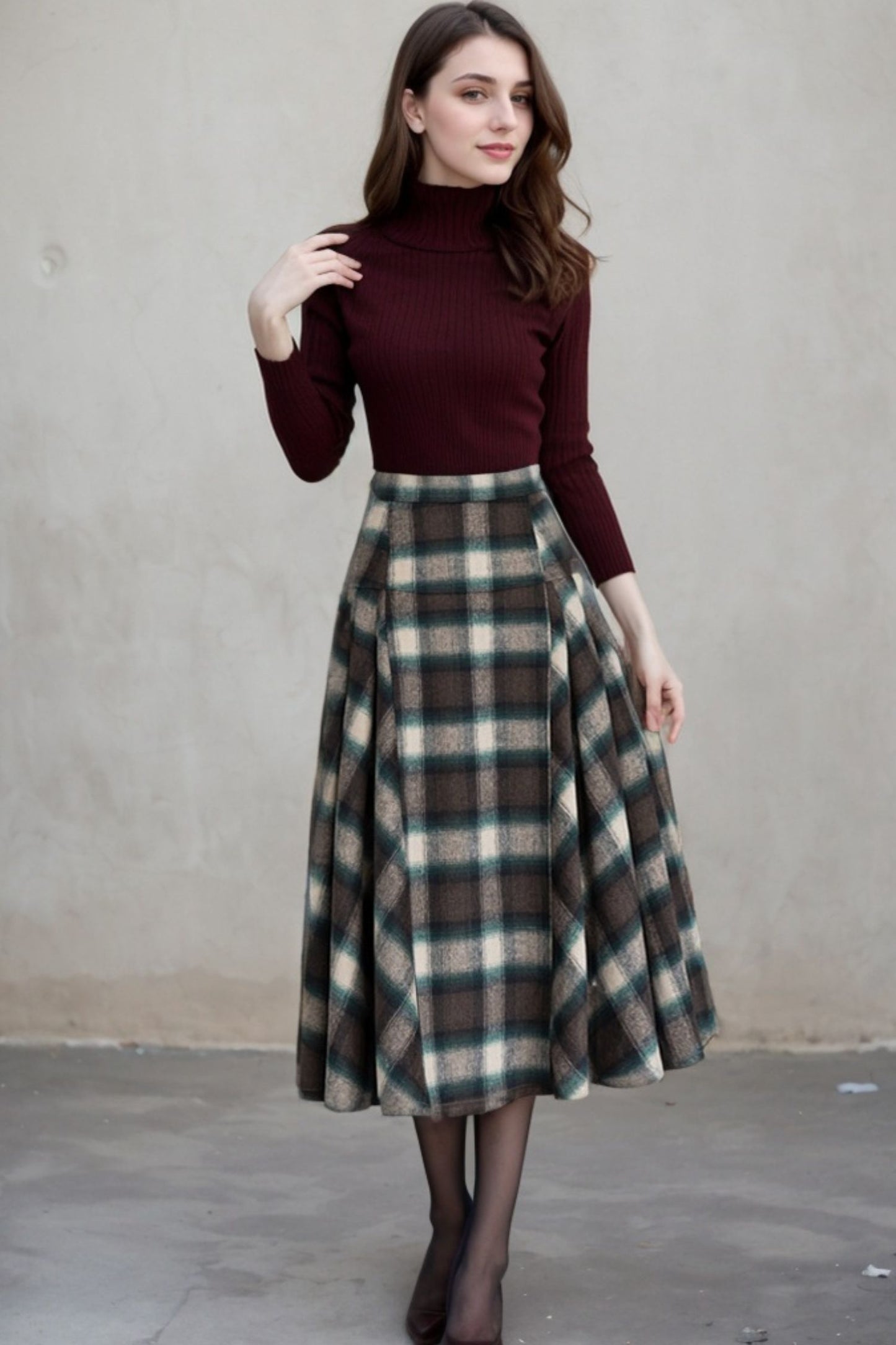 1950s plaid flare skirt, women's midi skirt 5401