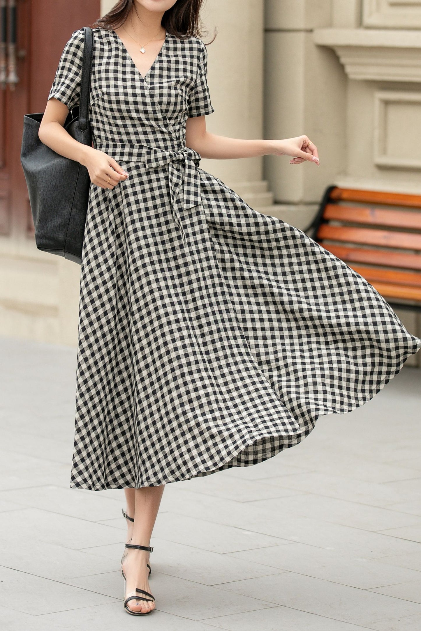 Black and white summer plaid linen wrap dress 4948