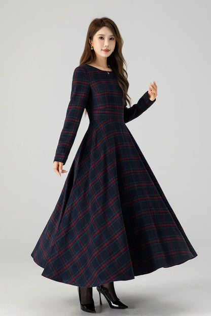Handmade Navy Red Plaid Wool Maxi Dress – Long Sleeve Fit and Flare | Xiaolizi 5266