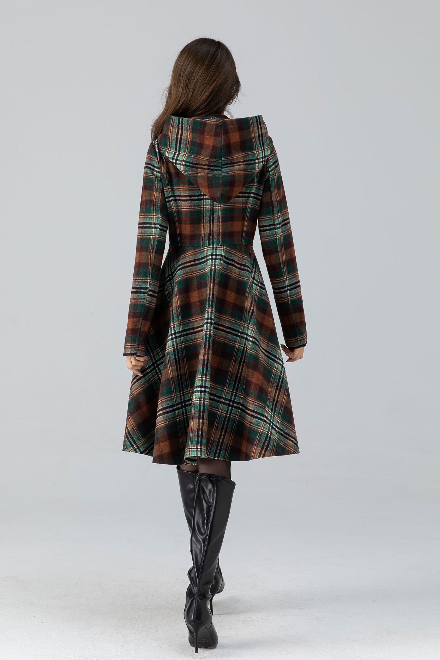 Hooded midi plaid winter wool coat women 4784