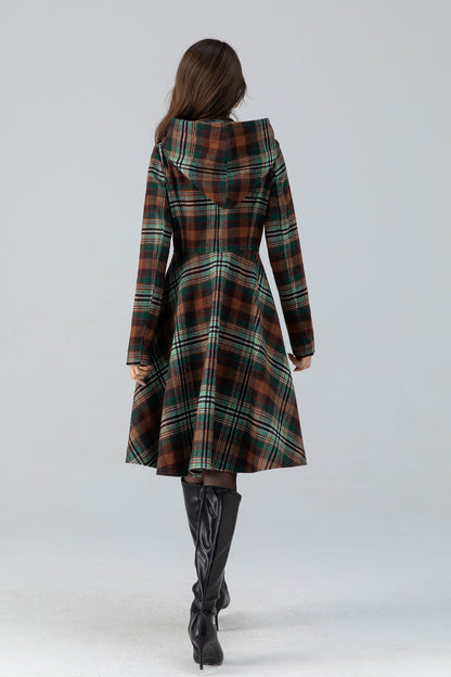 Plaid Wool Coat Midi Dress - Hooded Fit and Flare Winter Outerwear 4784