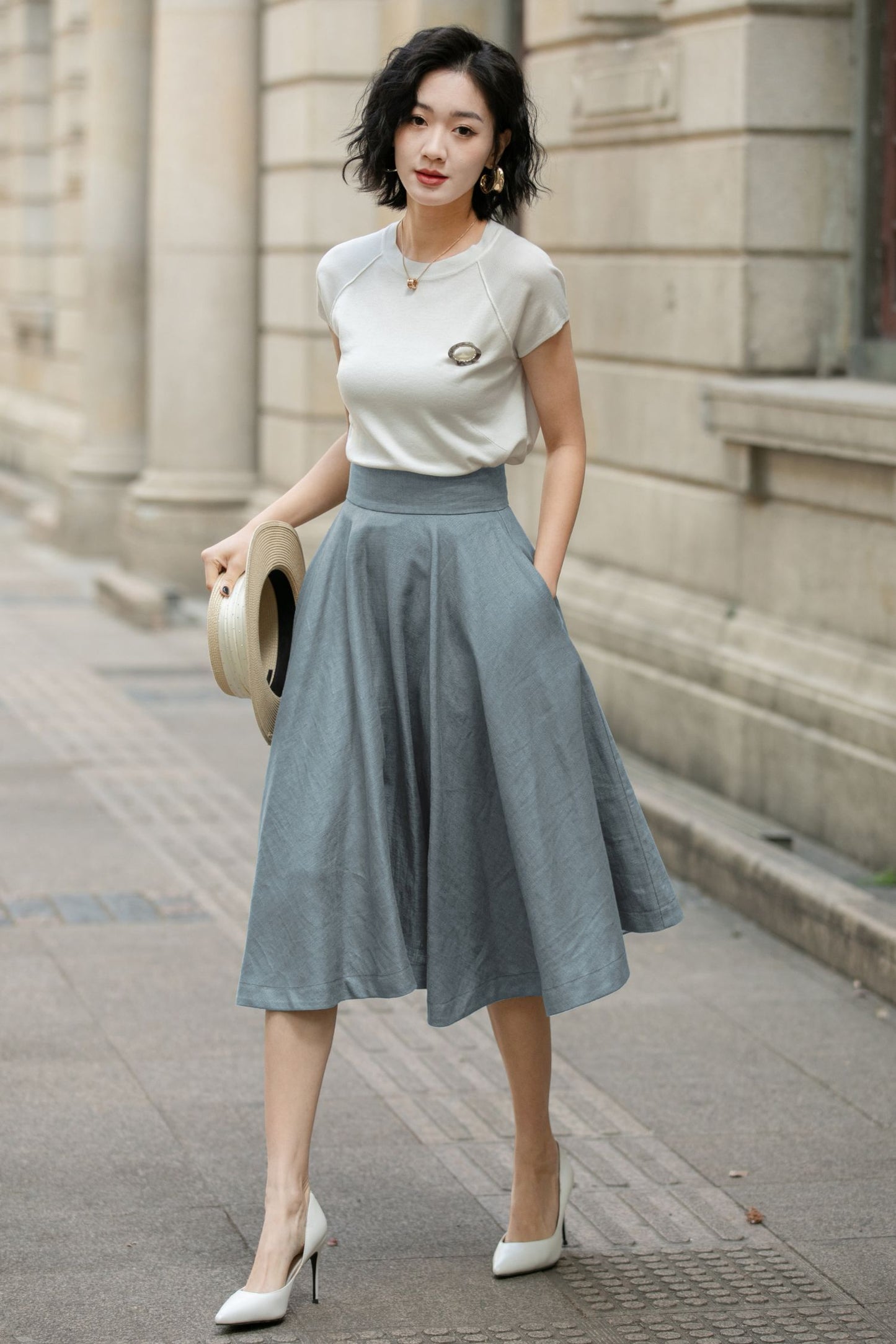 Handmade Linen Circle Skirt – High Waist Pleated Midi Skirt for Spring Summer 6711