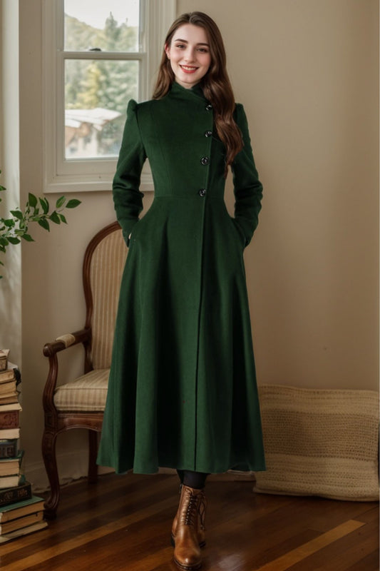 Green A-Line Long Wool Coat 5488