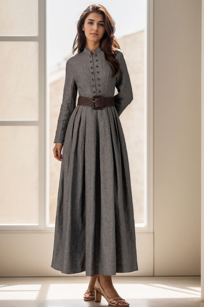 Gray Linen Maxi Dress - Pleated, Long Sleeve, Button Detail 5126