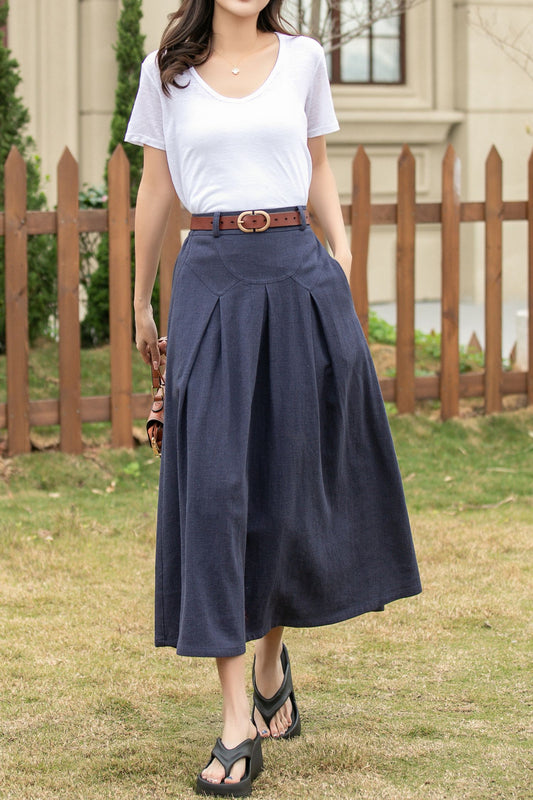 Blue long linen skirt with pockets 4943