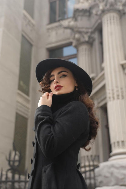 Black Wool Maxi Coat – Vintage Double Breasted Long Winter Overcoat  2743