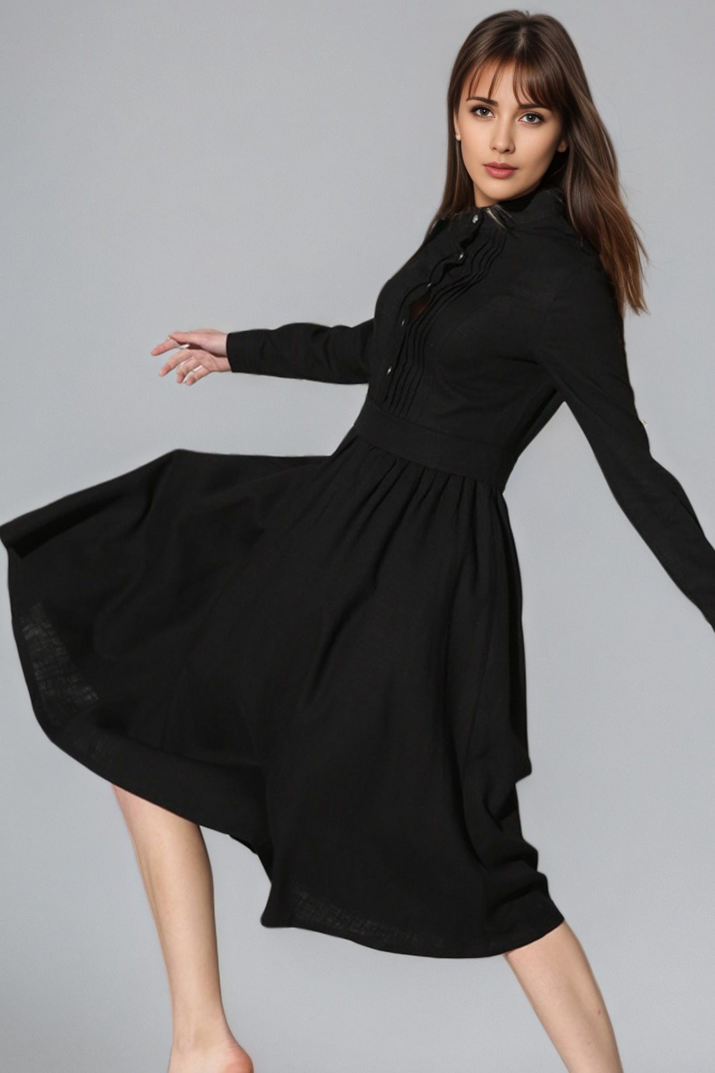 Xiaolizi Black Linen Midi Dress – Vintage Long Sleeve Pleated Dress 6349