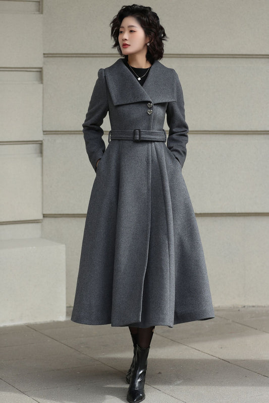 Handmade Vintage Wool Coat – Gray Fit and Flare Belted Midi Winter Coat 6617