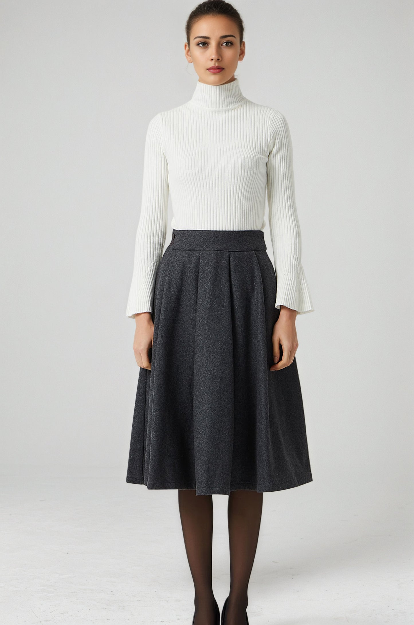 Dark Gray Wool Knee Length Skirt – Vintage Pleated Fit and Flare Skirt with Pockets 6294