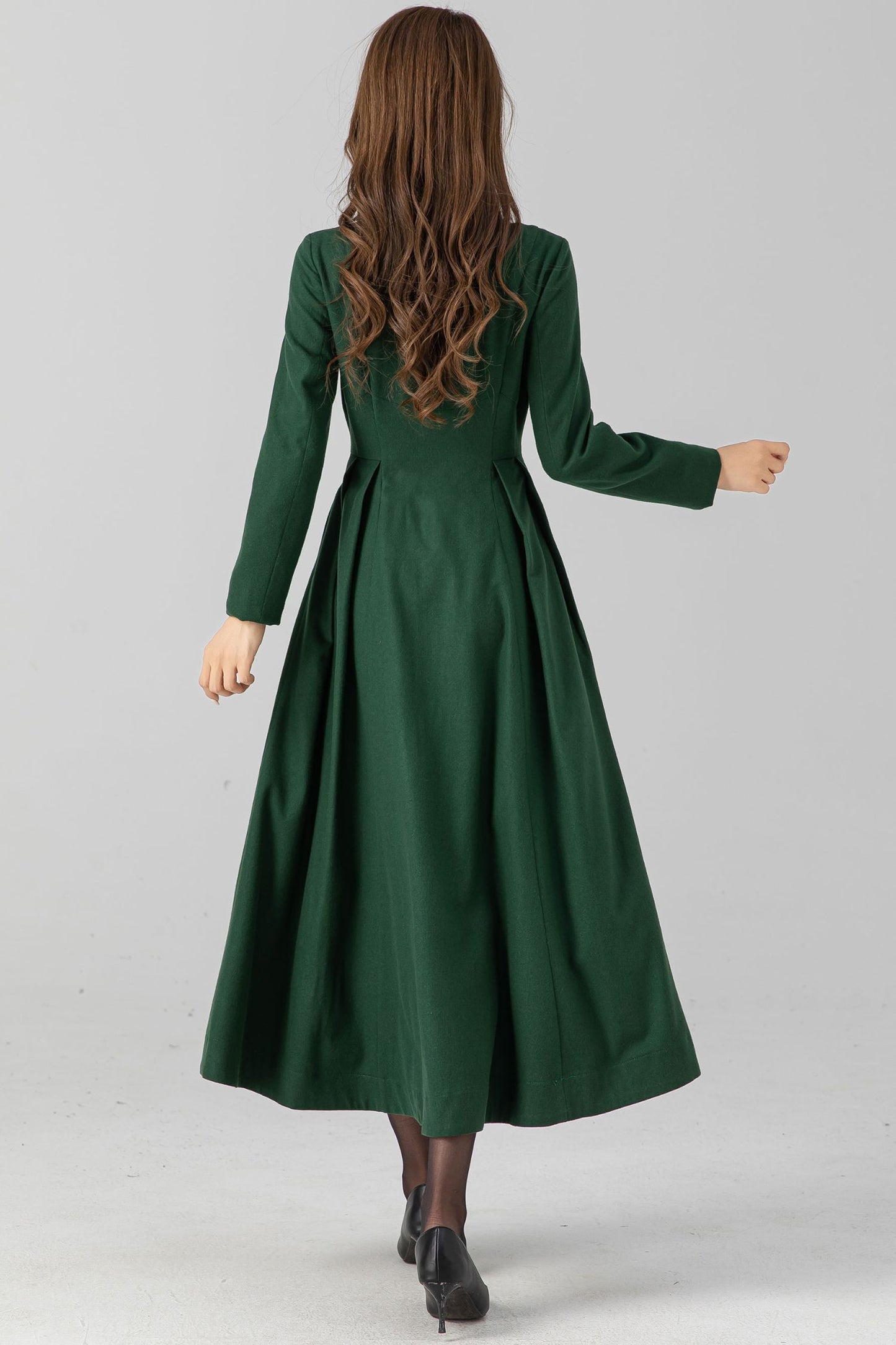 Green fit and flare midi wool dress women 4670