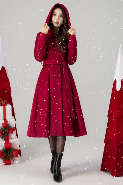 Red Wool Hooded Coat - Mid-Calf Length, Princess Silhouette 4615