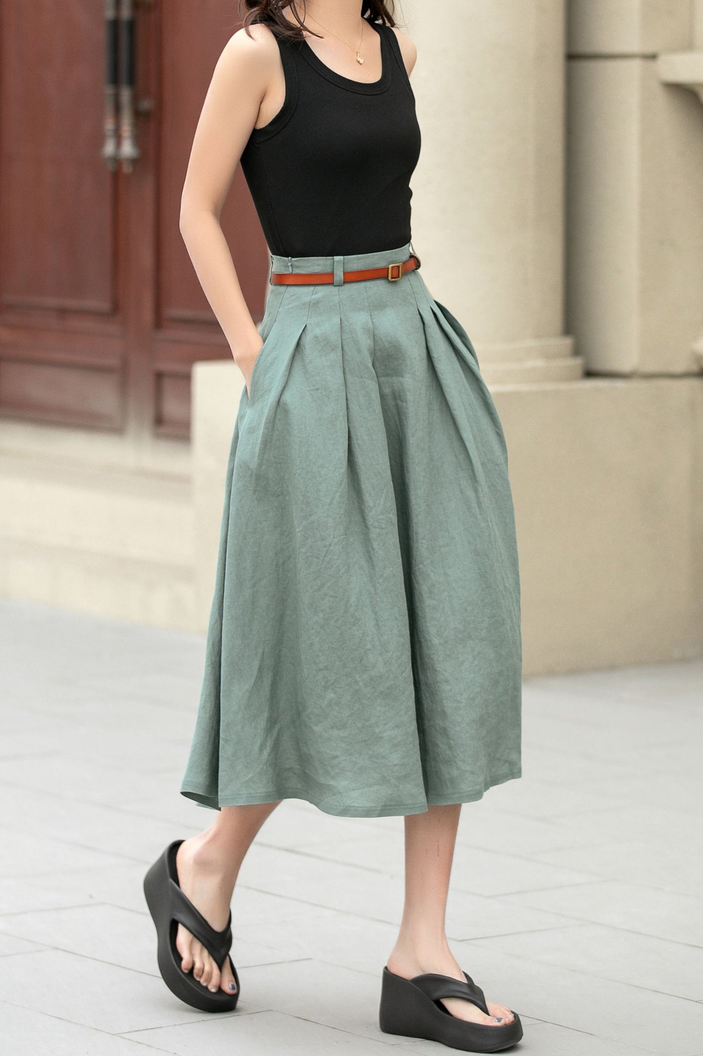 Pleated green midi summer linen skirt 4958