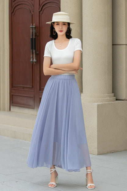 Handmade Light Blue Chiffon Midi Skirt – Flowing A-Line Swing with Elastic Waist 5110