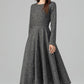 Handmade Dark Gray Wool Midi Dress – Long Sleeve Fit and Flare | Xiaolizi 6390