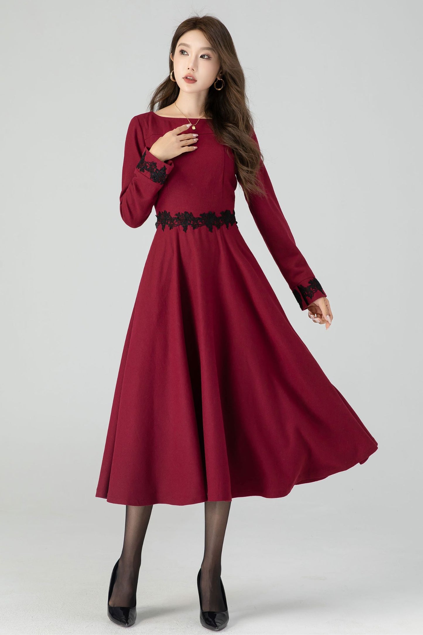 Burgundy midi winter wool dress with lace details 4544