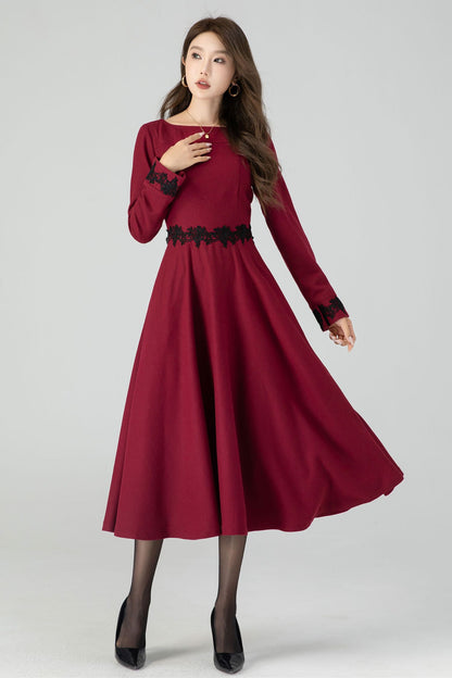 Handmade Wool Blend Lace Midi Dress – Vintage Winter Elegance | Xiaolizi 4544