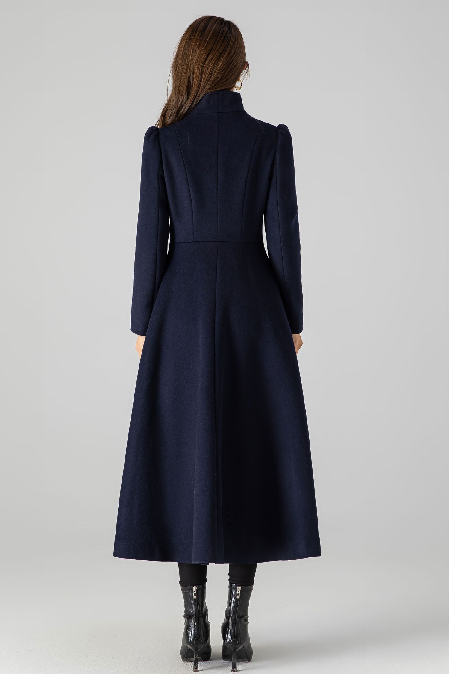 Wool Blend A-Line Coat Dark Blue Long Coat with Pockets 4506 Navy / XS Wool Blend A-Line Coat Dark Blue Long Coat with Pockets 4506 Navy / XS