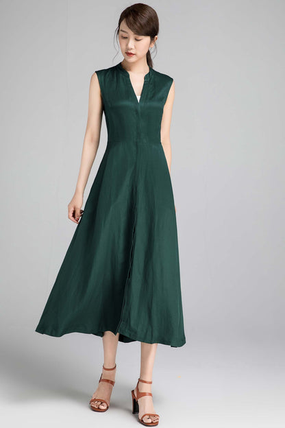 Green Linen Sleeveless Maxi Dress - A-Line with Self-Tie Belt 2333