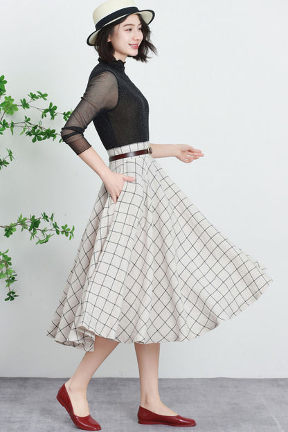 Plaid Linen Midi Skirt - High Waist Circle Swing Tartan | Xiaolizi 5738