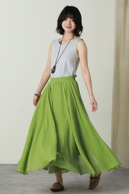 Green summer swing long linen skirt women 6177