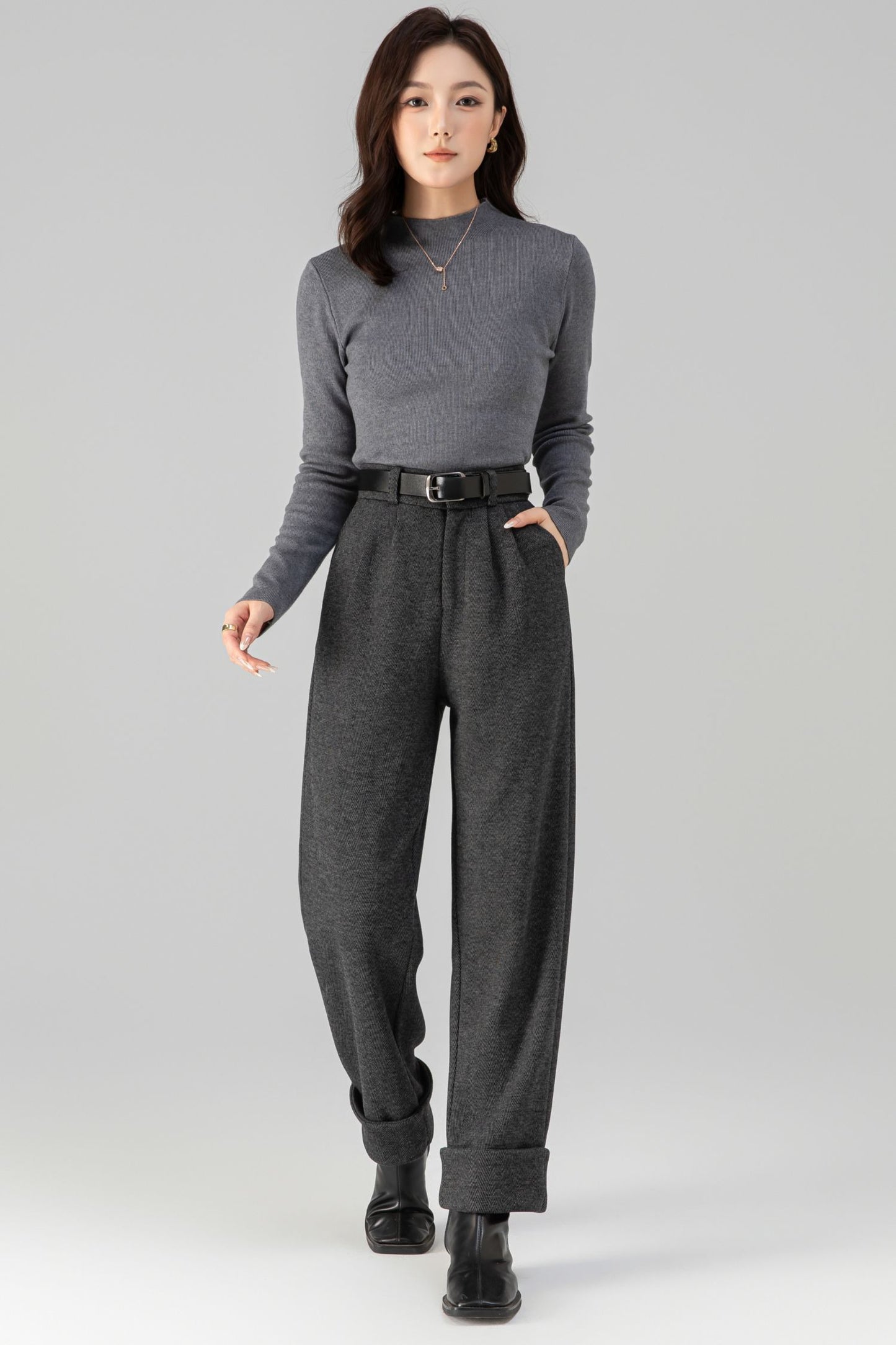 Charcoal Wool Long Pants - Warm Full-Length Tailored Fit 6461
