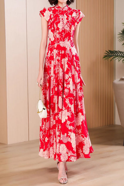 Red floral printed maxi chiffon dresses for women 4990