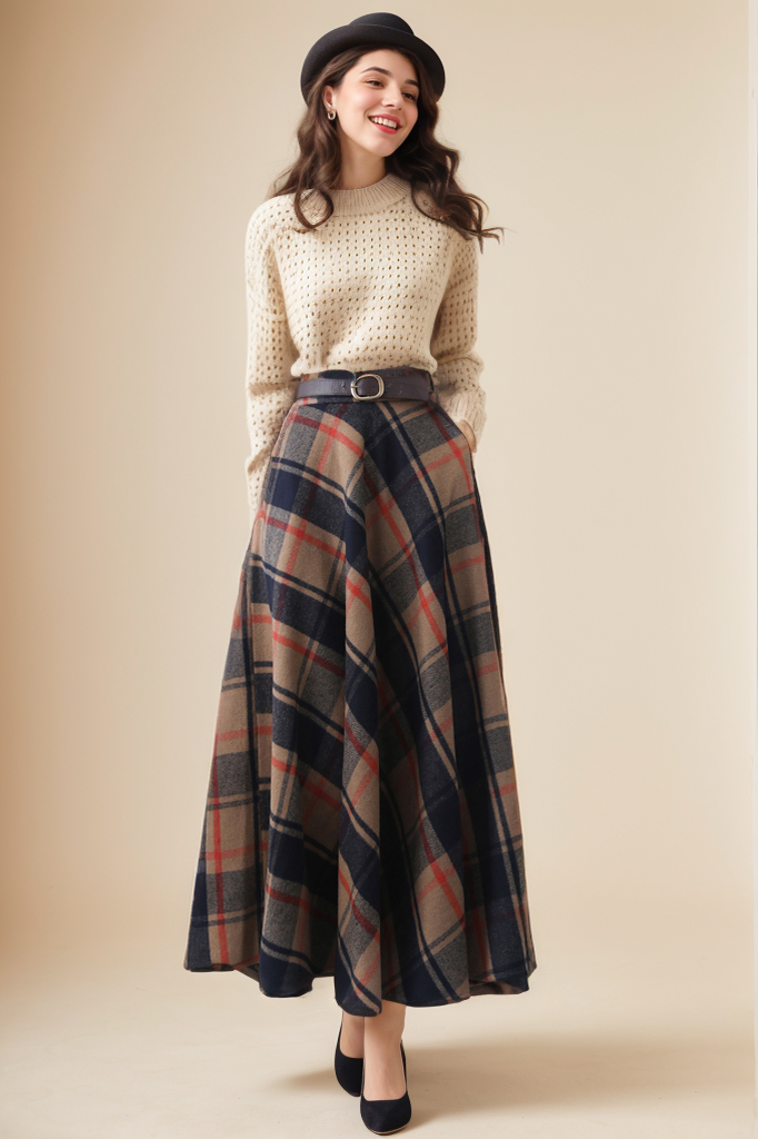 Handmade Women's Vintage Plaid Wool Long Skirt - Winter High Waist 5275